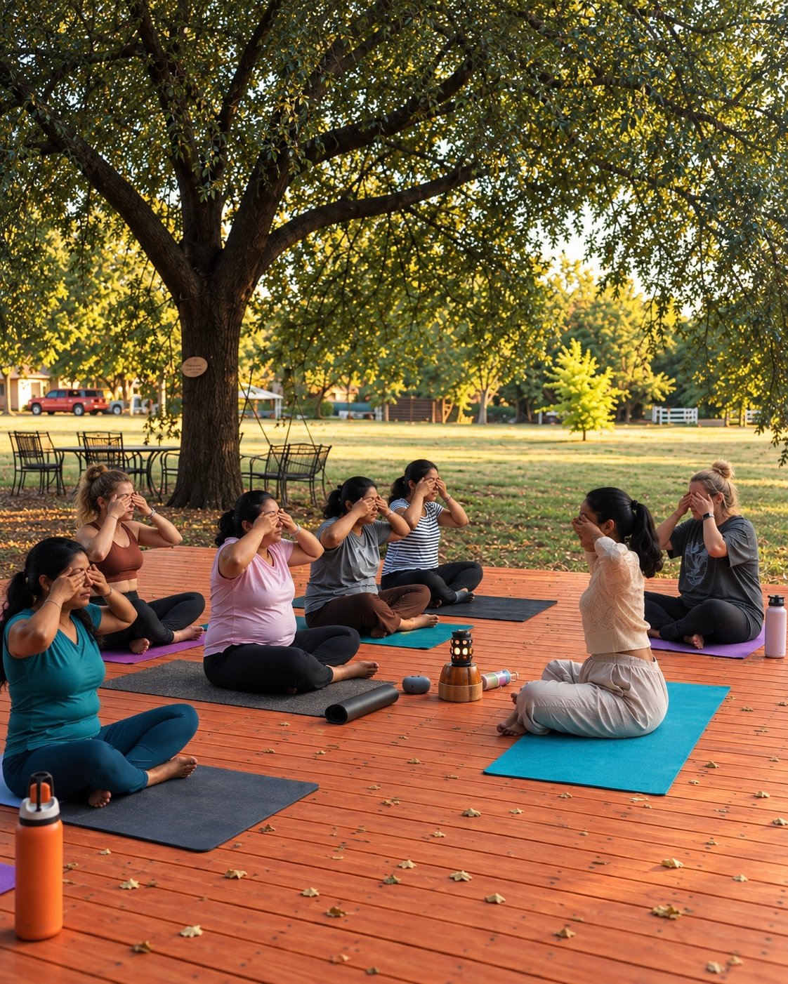 Outdoor group yoga beneath a tree